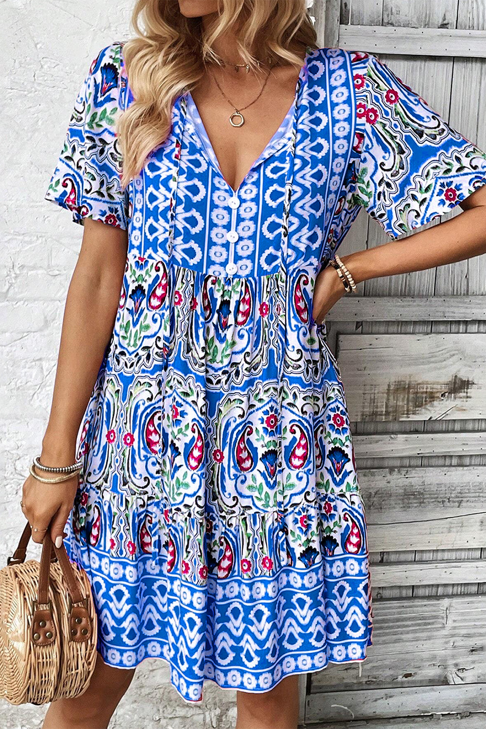 Multicolor Bohemian Print Tie Neck Ruffle Hem Short Dress