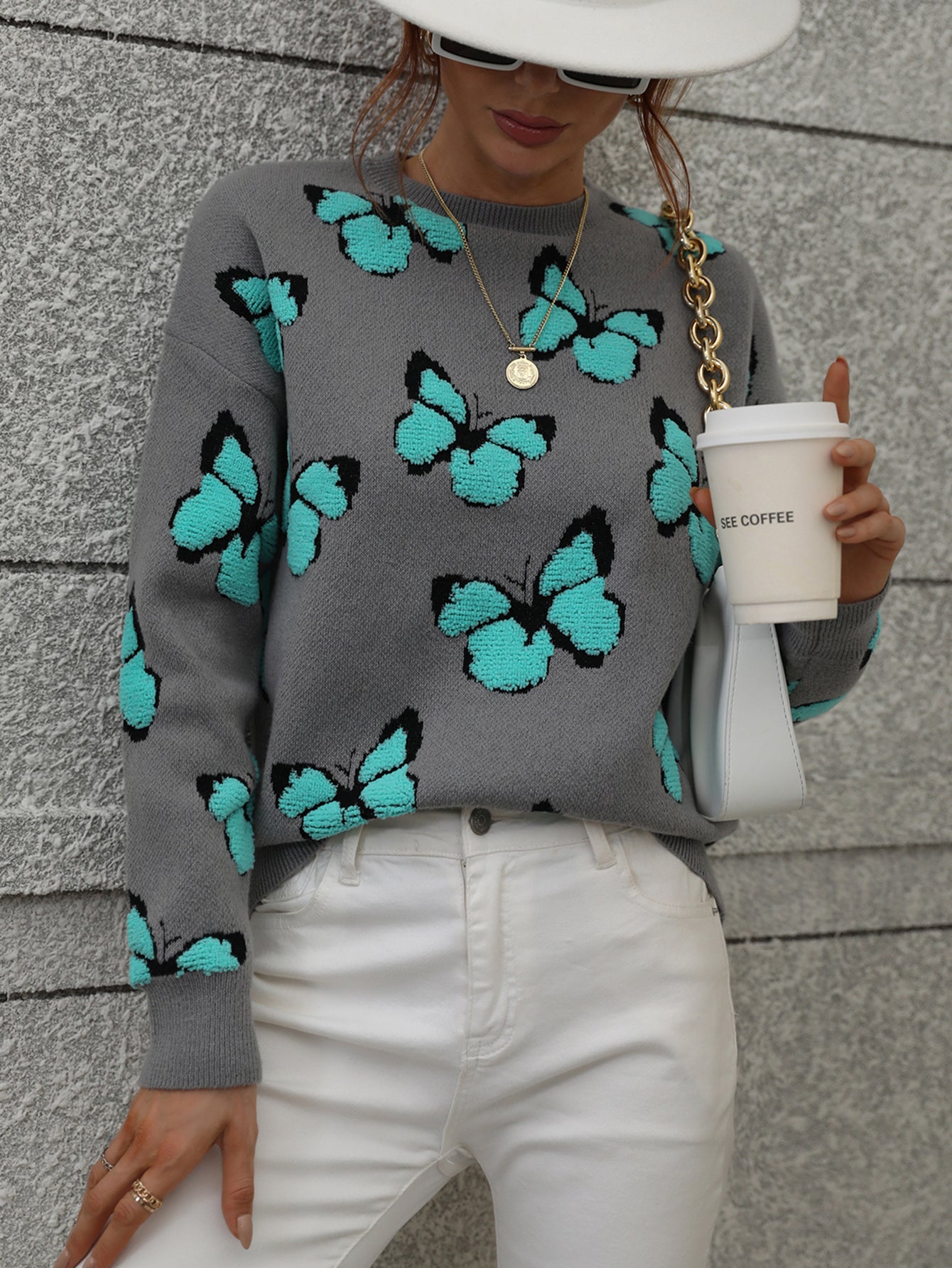 Casual Butterfly Printed Pullover Long Sleeves Knitted Tops