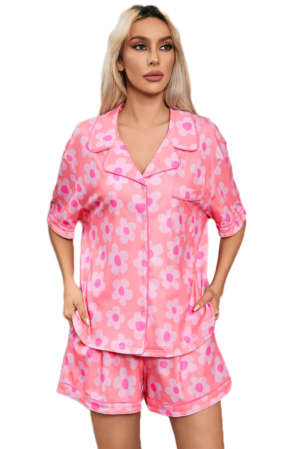 Loose and comfortable Flower Print Short Sleeve Shirt Pajamas Set