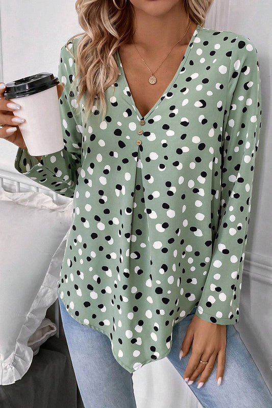 Polka Dot Print Button Front V Neck Blouse