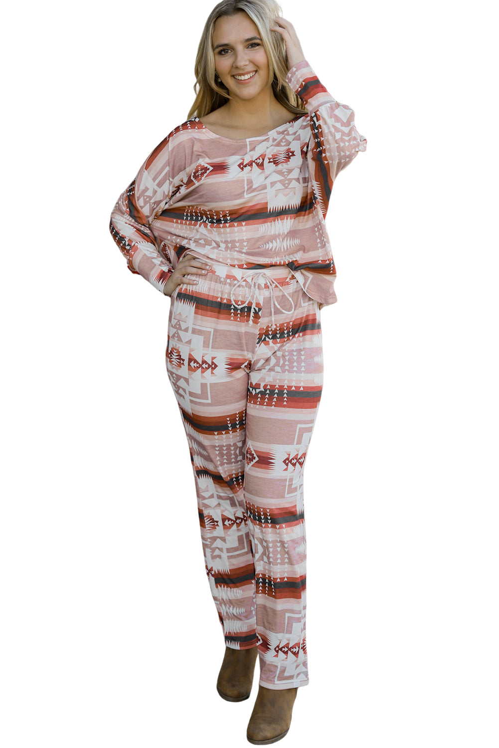 Multicolour Aztec Print Puff Sleeve Pullover and Pants Lounge Outfit