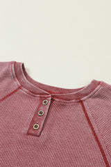 Fiery Red Waffle Knit Raglan Sleeve Henley Sweatshirt
