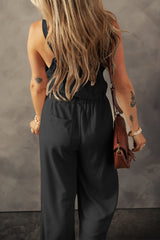 Women's Knotted Straps Button Textured Drawstring Jumpsuit