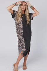 Black Leopard Short Sleeve T-shirt Dress with Slits