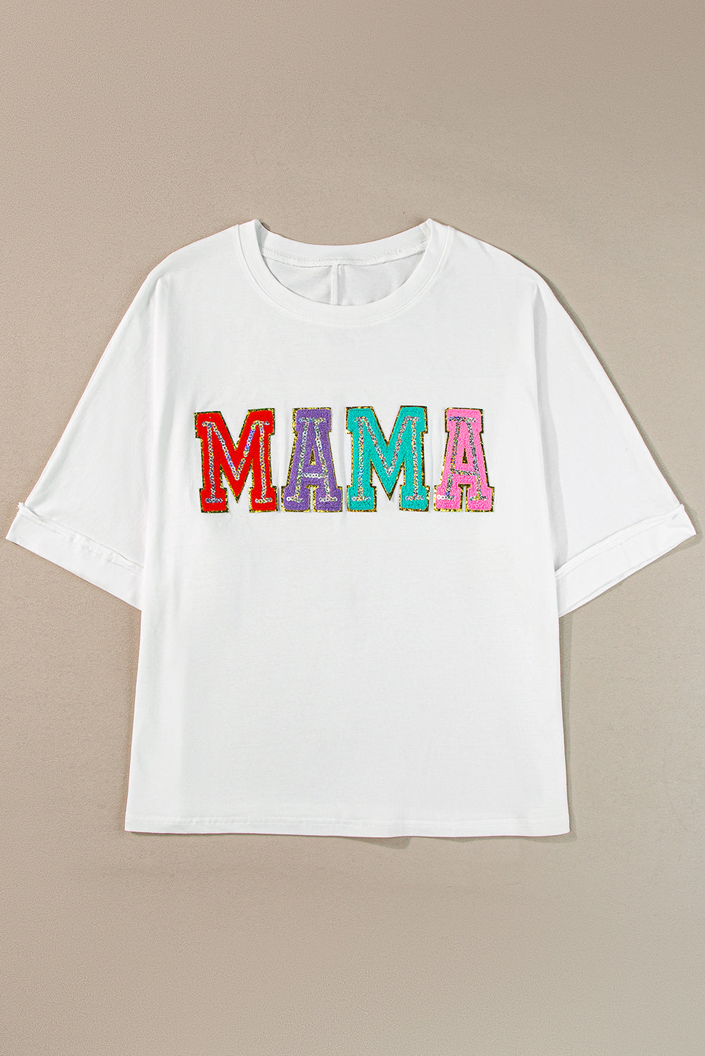 Multicolor MAMA Chenille Patched Crew Neck T Shirt