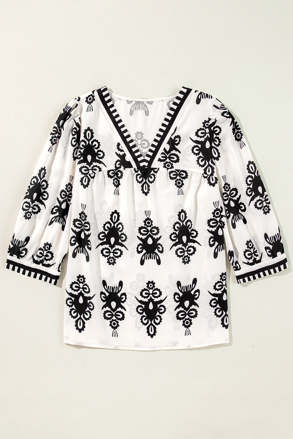 Vintage Geometric Printed 3/4 Sleeve V Neck Blouse