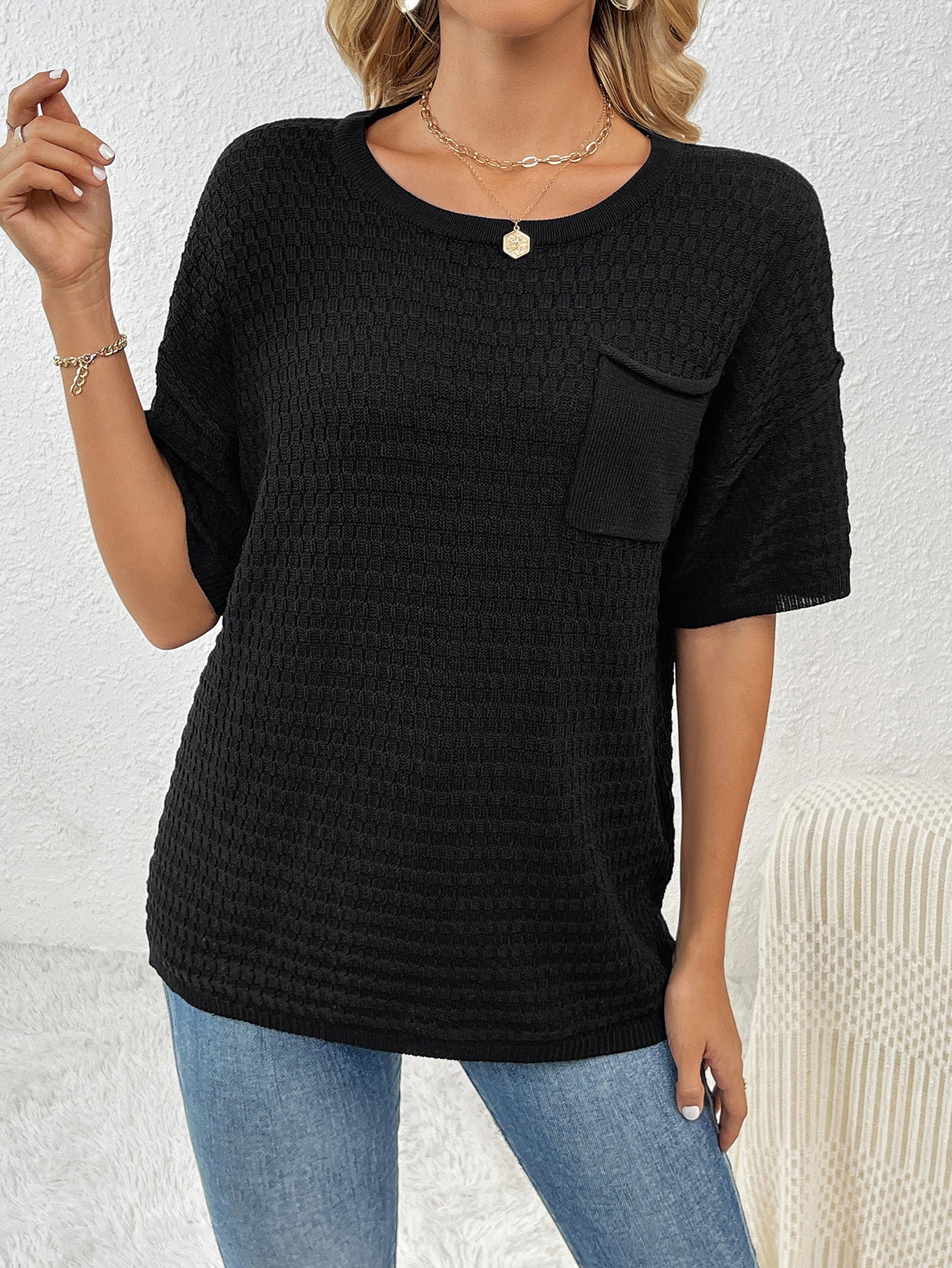 Knit Short Sleeve Round Neck Pocket Tee Tops Pullover