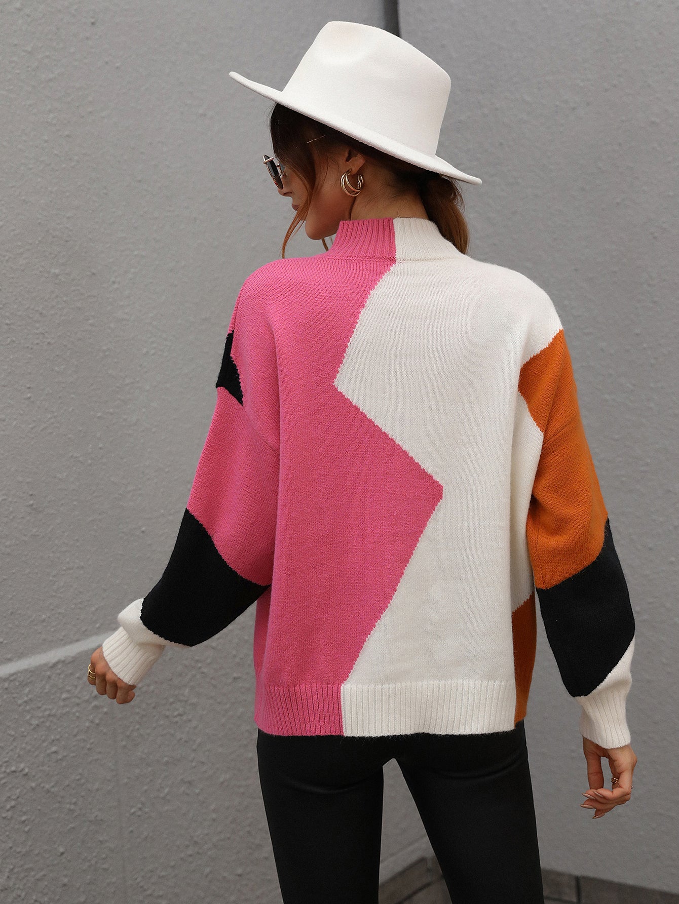 Color Block Patchwork Round Neck Pullover Knit Sweaters