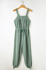 Women's Knotted Straps Button Textured Drawstring Jumpsuit