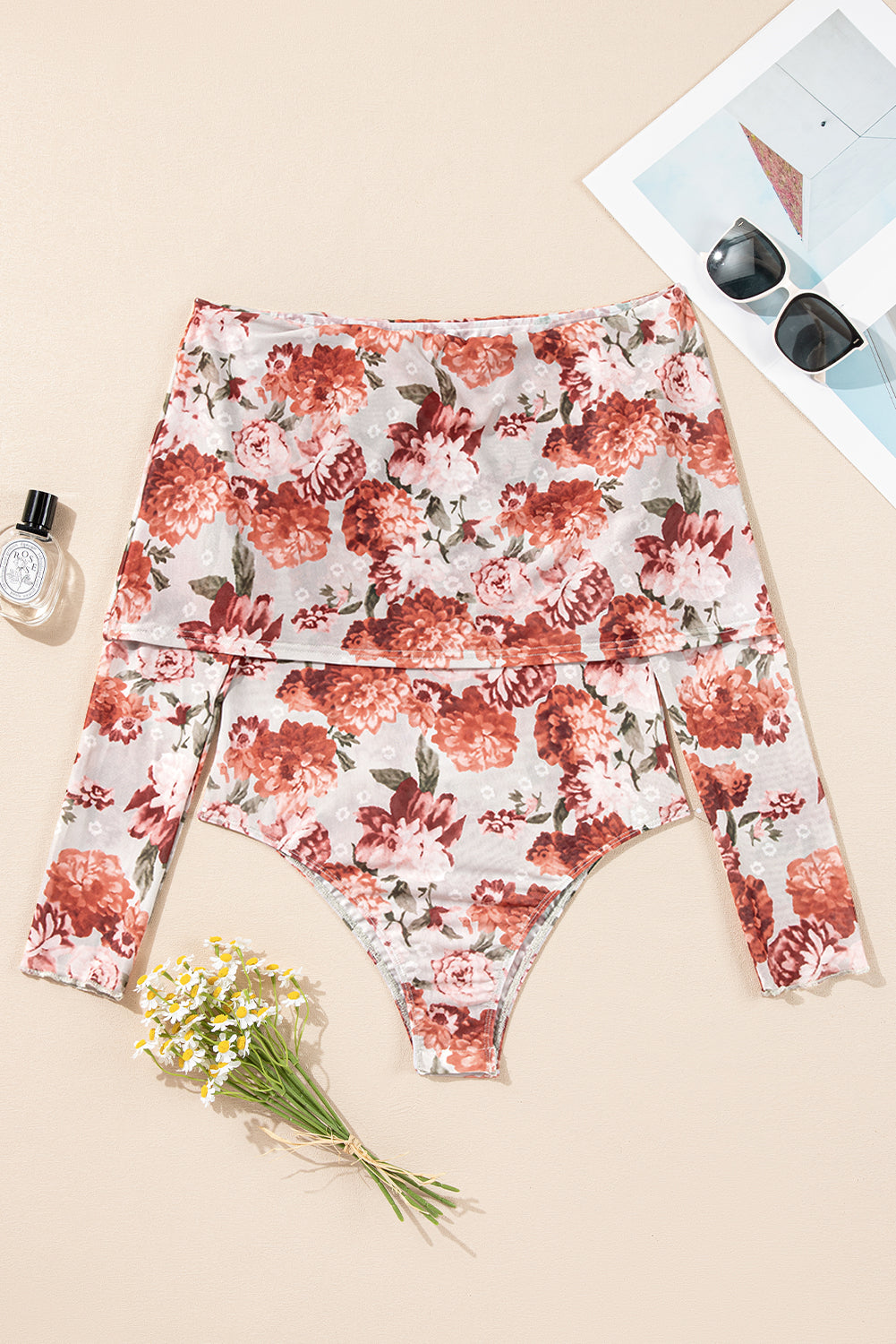 Pink Floral Printed Long Sleeve Sheath Bodysuit