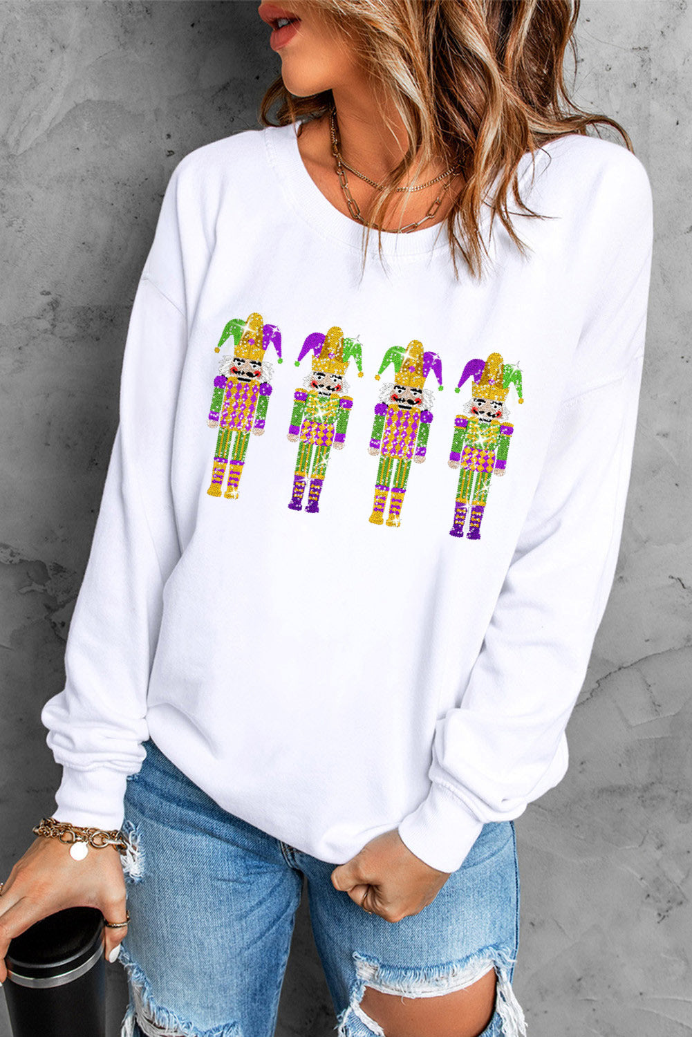 White Glitter Mardi Gras Nutcracker Patch Sweatshirt