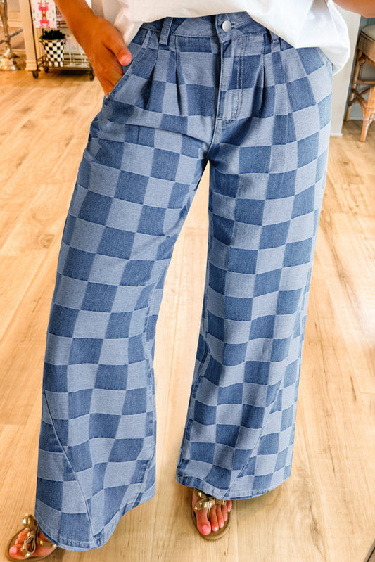 Solid Color Checkered Denim Wide Leg Jeans