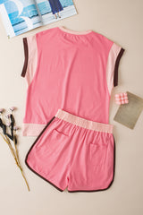 Solid Color Contrast Trim Cap Sleeve Tee Shorts Set