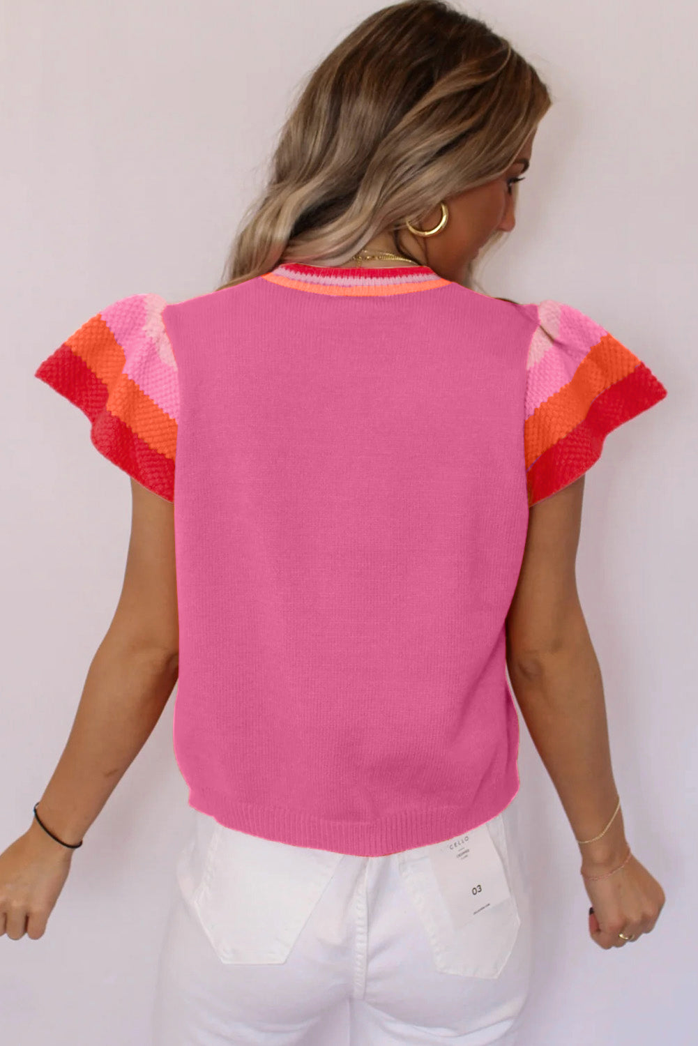 Multicolor Flutter Sleeves Knitted Sweater T Shirt