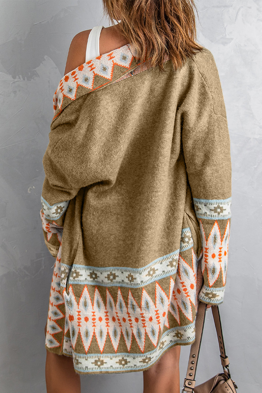 Khaki Aztec Print Open Front Knitted Cardigan