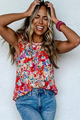 Red Frilled Neck Pleated Boho Floral Tank Top