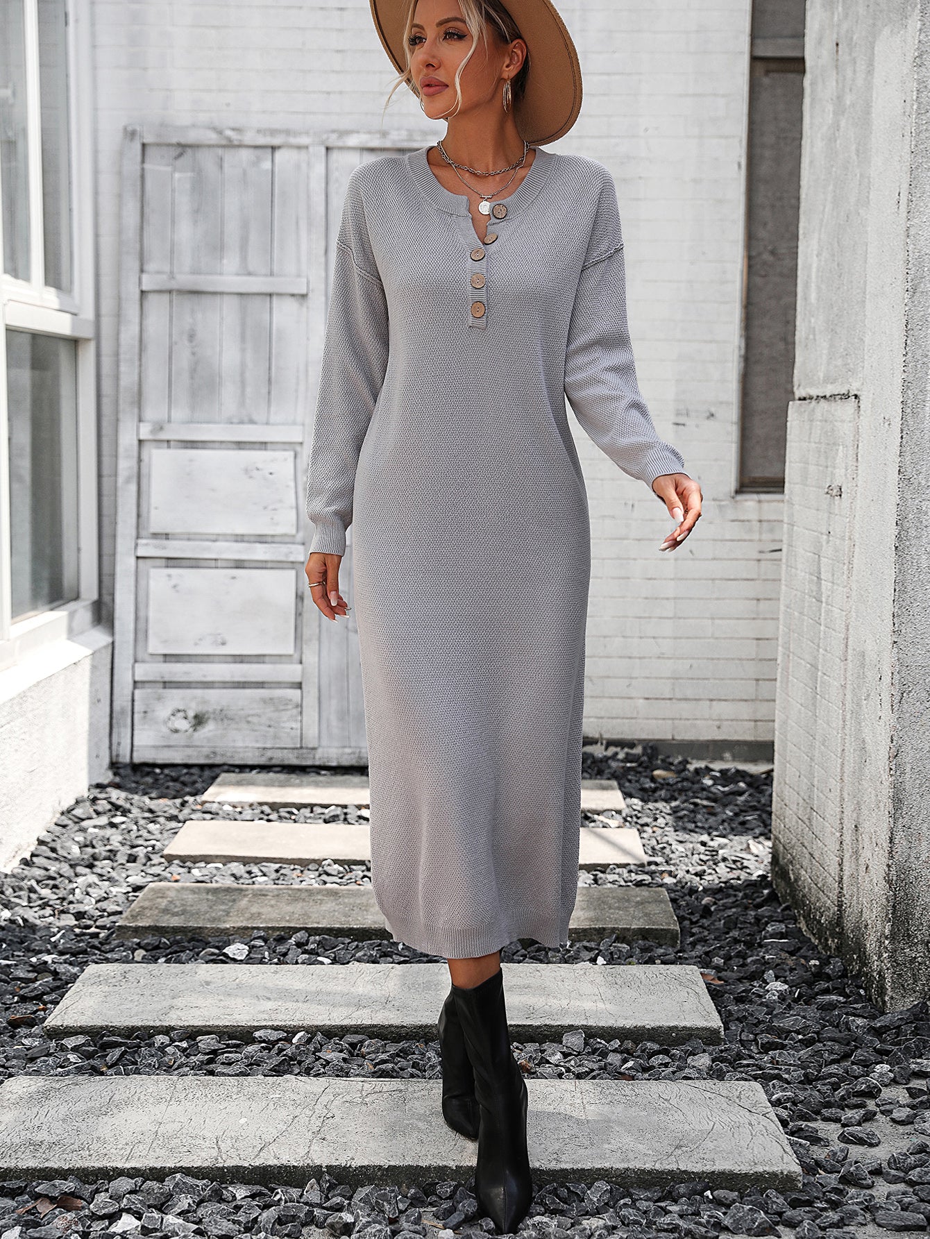 Women's Sweater Button Sweater Dress Fashionable Sweater Dress