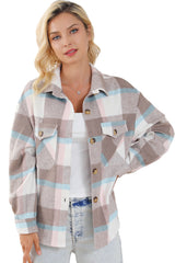 Pale Khaki Plaid Big Flap Pocket Amber Button Shacket