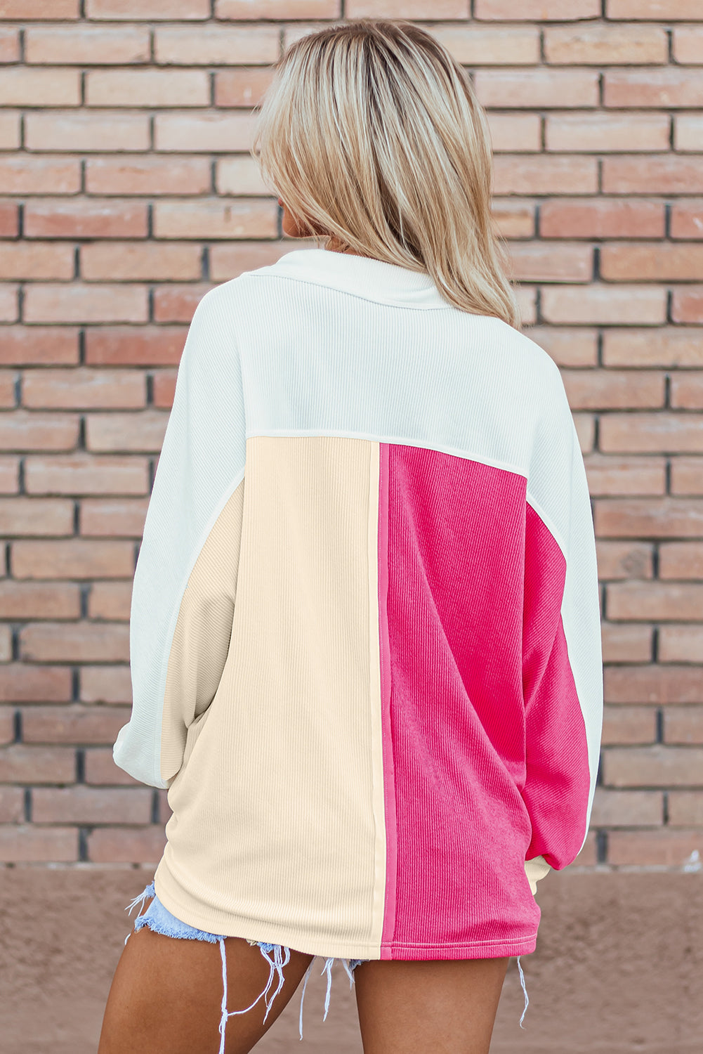 Women's Colorblock Ribbed Collared Oversized Sweatshirt