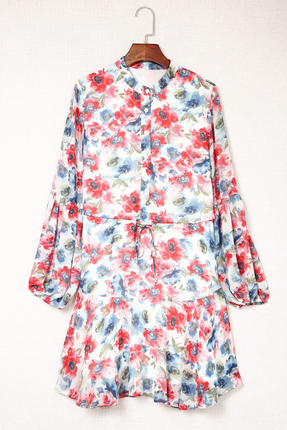 Sky Blue Vintage Floral Print Drawstring Flowy Dress