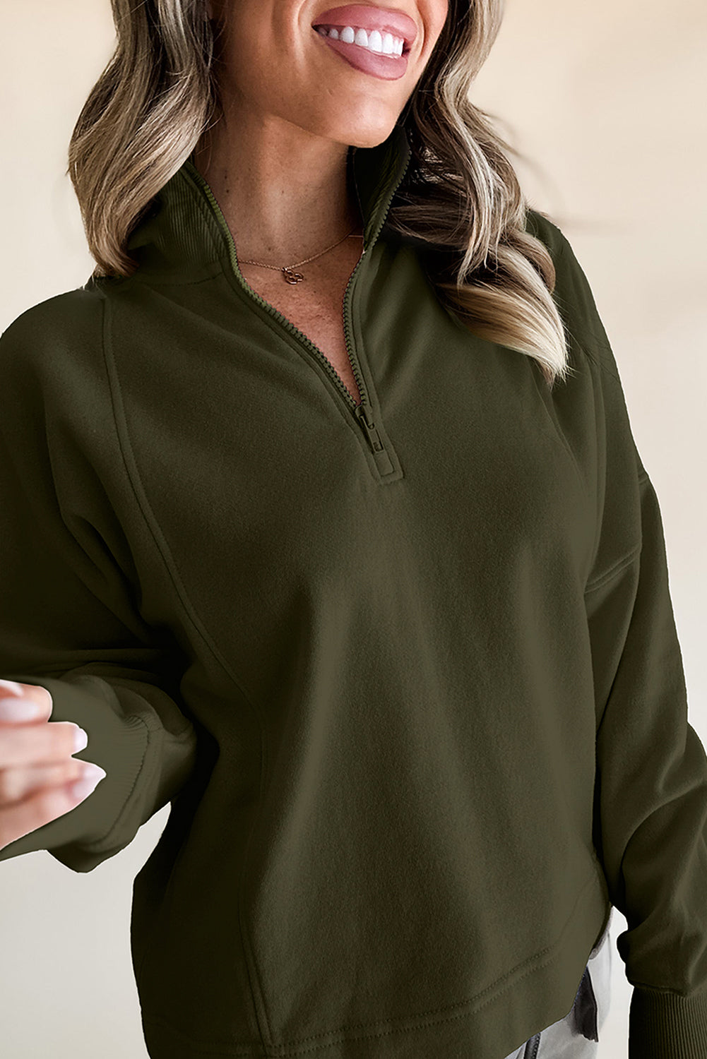 Zipped Neck Pullover Drop Shoulder Sweatshirt