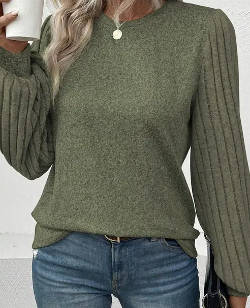 Jungle Green Contrast Ribbed Bishop Sleeve Top