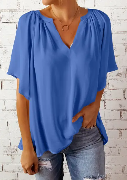 Split Neck Pleated Loose Top