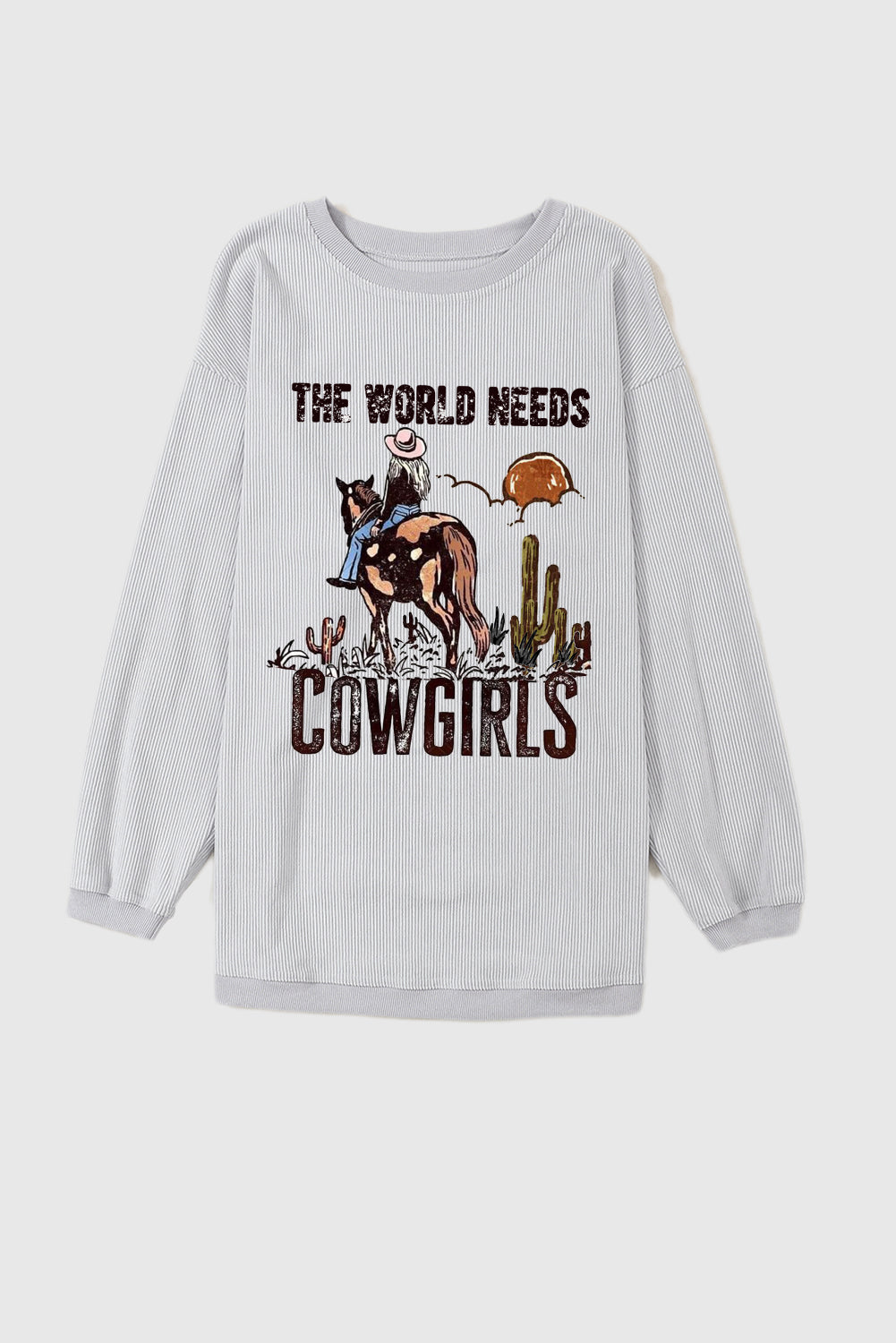 Ribbed Knit Crew Neck Western Cowboy Pattern Pullover Sweatshirt