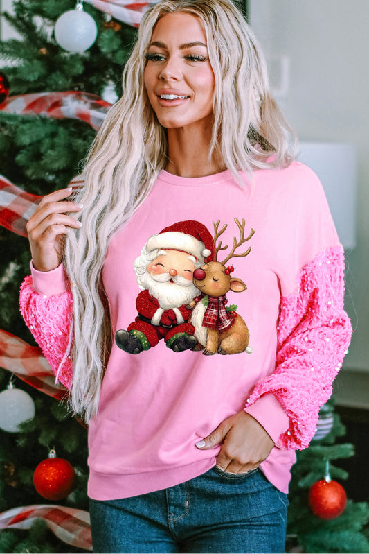 Santa Claus Pink Sequins Elk Elements Patchwork Long Sleeve Pullover Sweatshirt