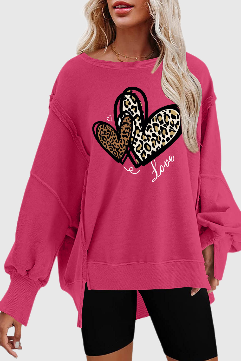 Valentine's Day Heart Leopard Print Drop Shoulder High Low Hem Sweatshirt