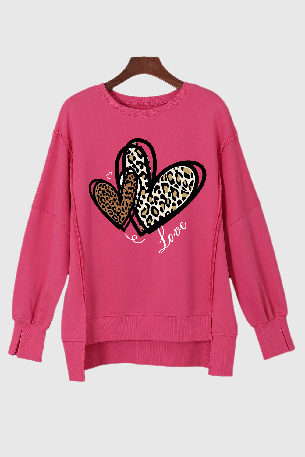 Valentine's Day Heart Leopard Print Drop Shoulder High Low Hem Sweatshirt