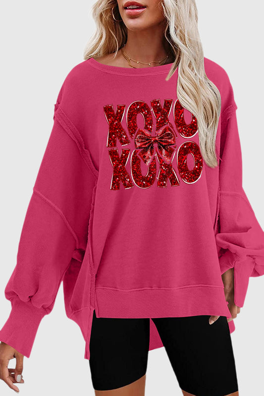 Valentine’s Day XOXO Bow Patchwork Drop Shoulder Sweatshirt