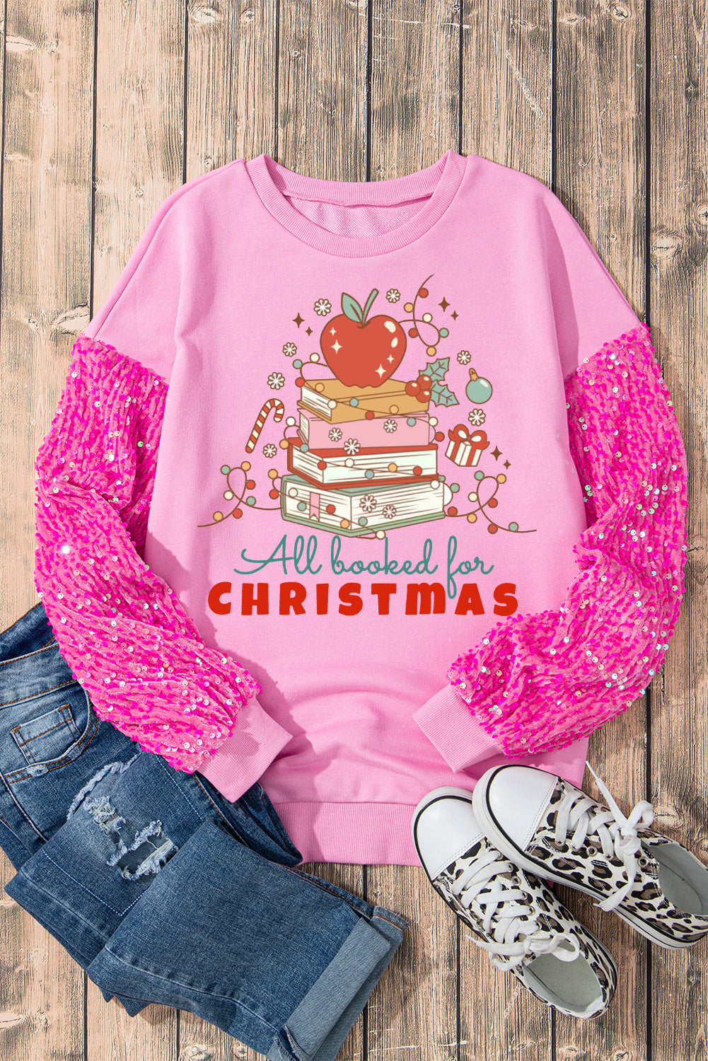 Christmas Sequin Apple Pattern Patchwork Sleeve Pink Pullover Shirt