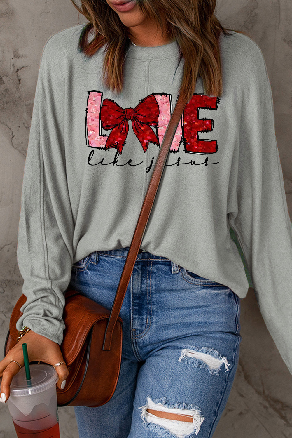 LOVE Valentine's Day Bow Patchwork Long Sleeve Knit Top