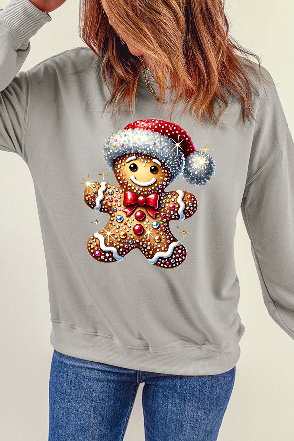 Santa Hat Bear Pattern Crew Neck Pullover Sweatshirt