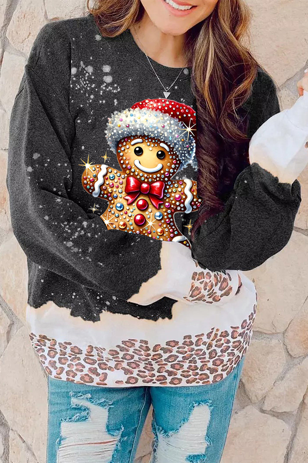 Santa Hat Bear Pattern Bleached Pullover Sweatshirt