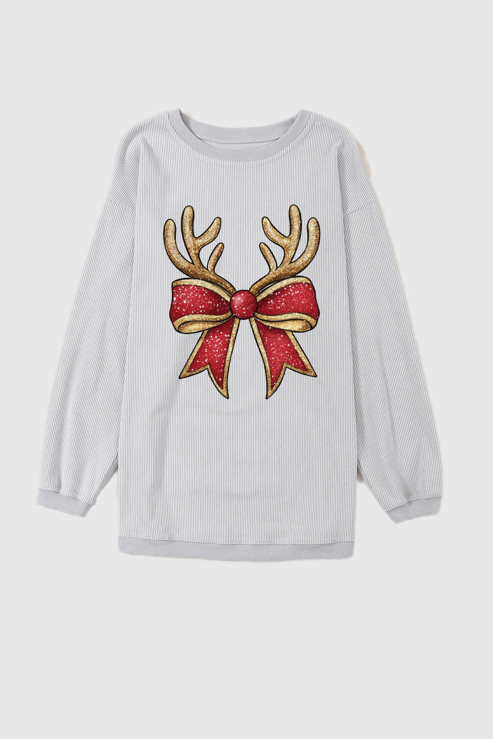 Christmas Round Neck Antler Bow Pattern Pullover Sweatshirt