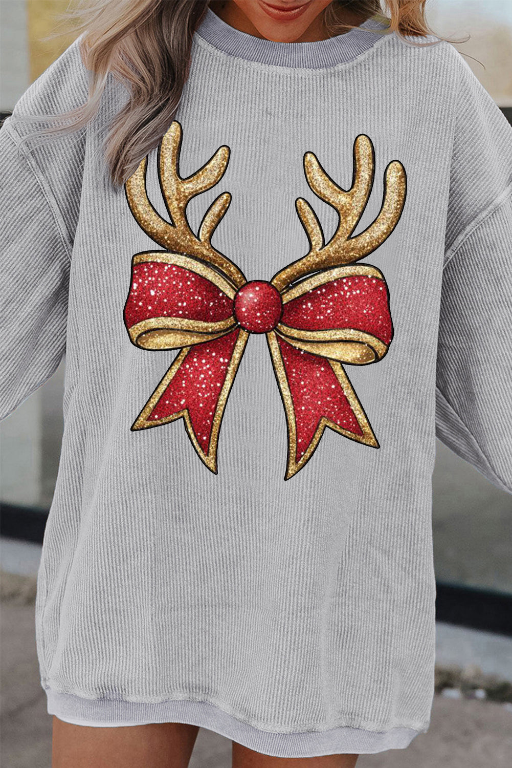 Christmas Round Neck Antler Bow Pattern Pullover Sweatshirt