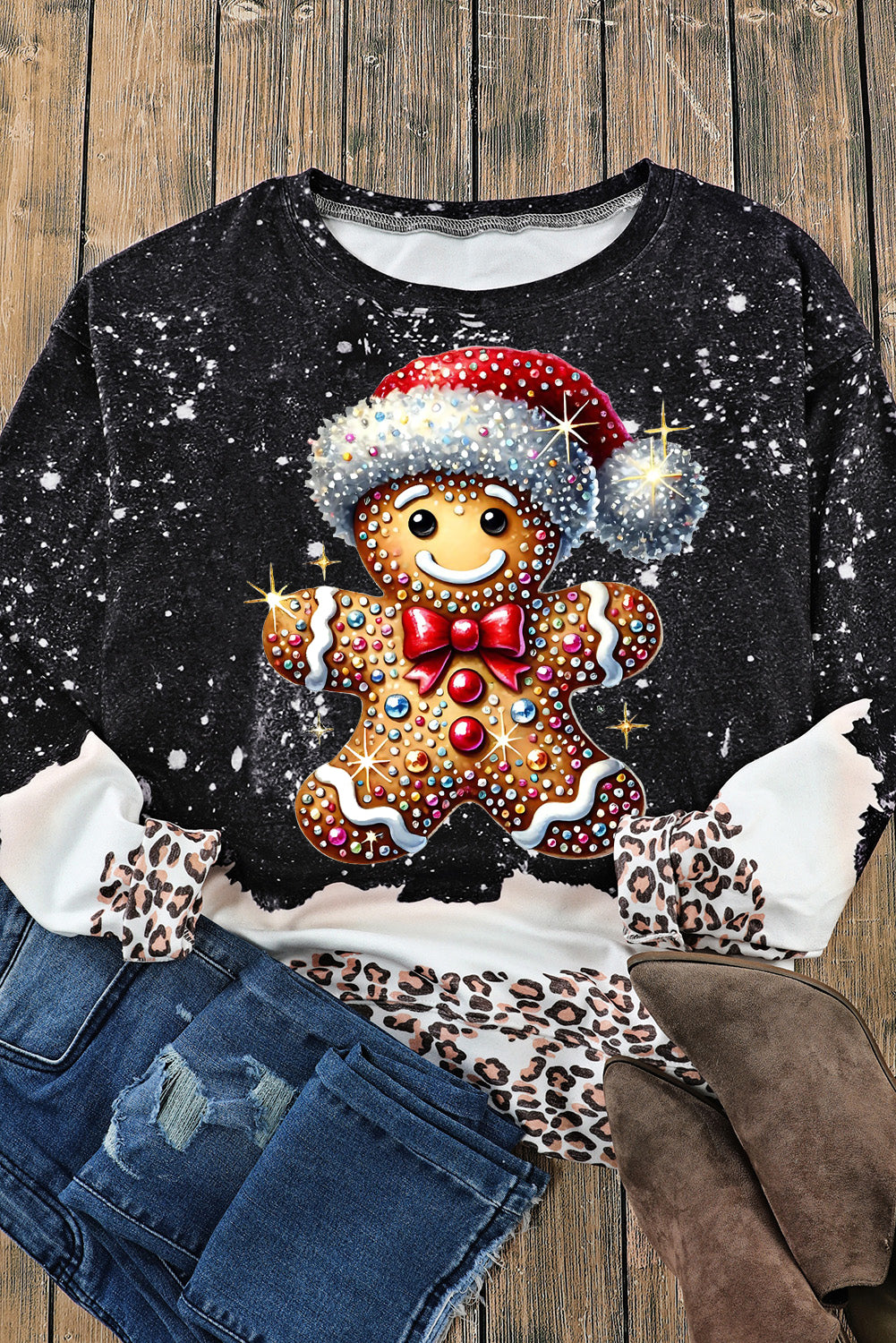 Santa Hat Bear Pattern Bleached Pullover Sweatshirt