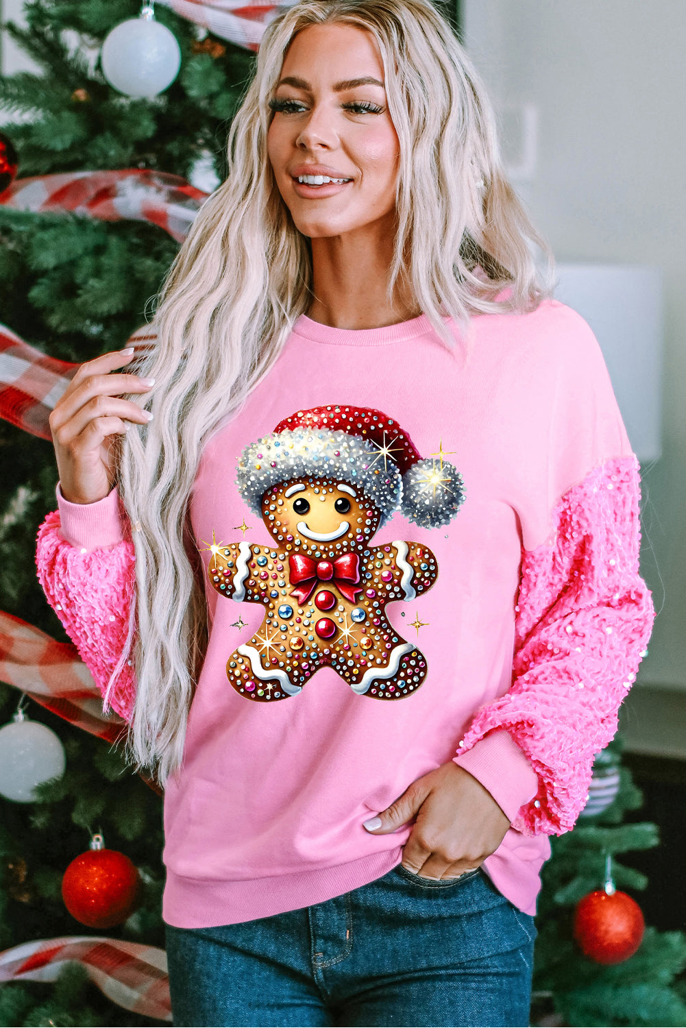 Santa Hat Bear Pattern Patchwork Sleeve Pink Pullover Sweater