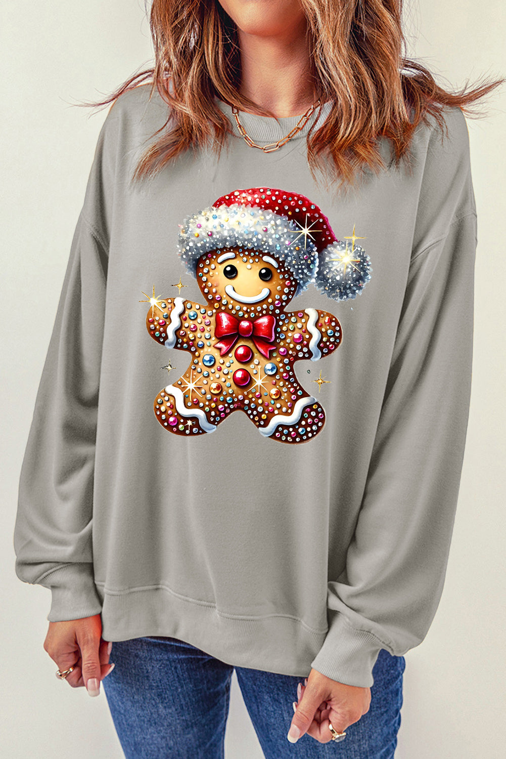 Santa Hat Bear Pattern Crew Neck Pullover Sweatshirt