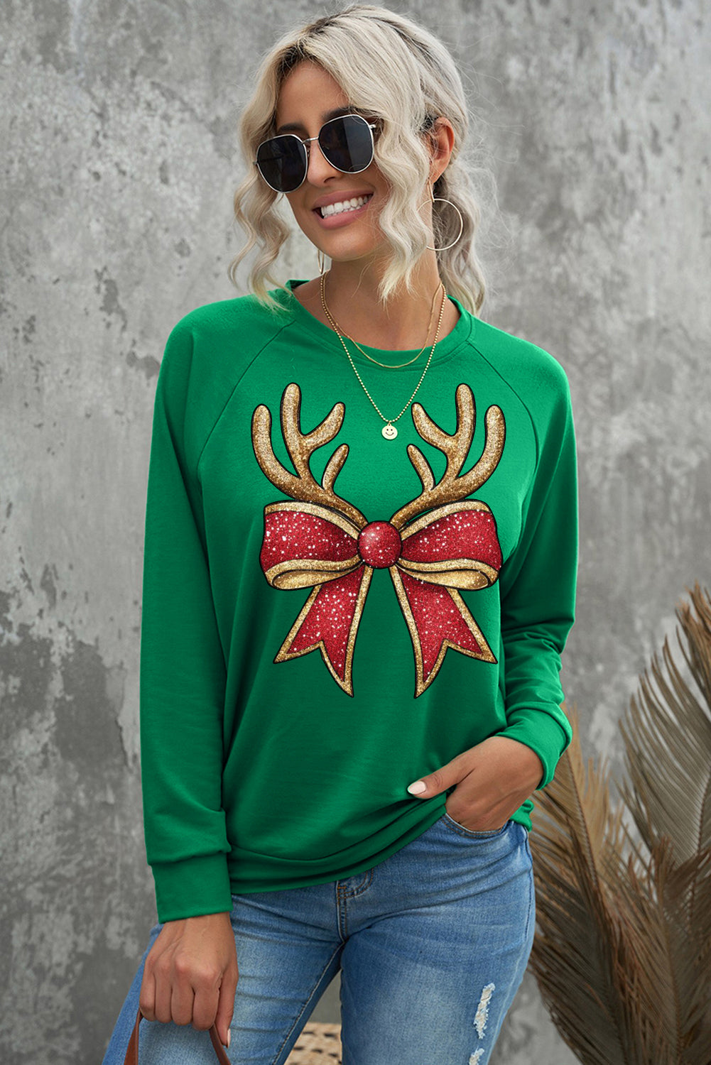 Christmas Solid Color Crew Neck Pullover Antler Bow Pattern Sweatshirt