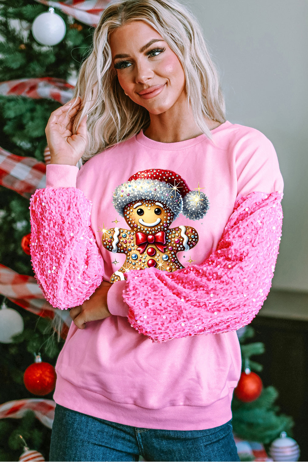 Santa Hat Bear Pattern Patchwork Sleeve Pink Pullover Sweater