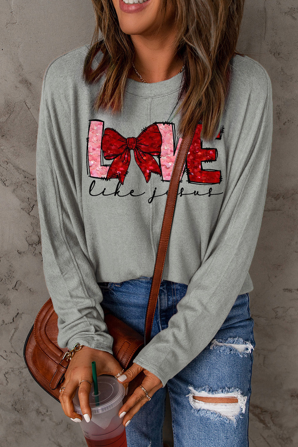 LOVE Valentine's Day Bow Patchwork Long Sleeve Knit Top