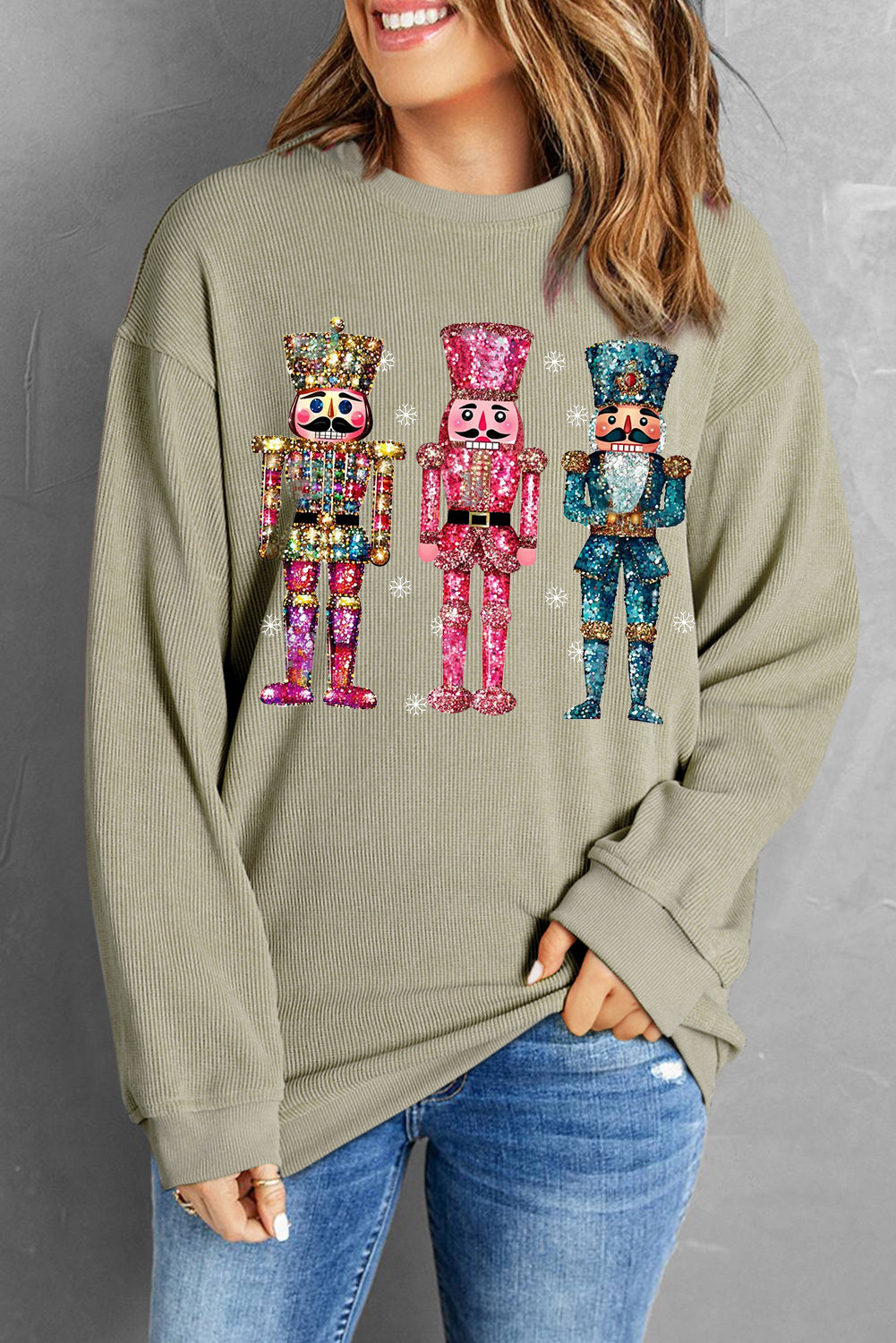 Plain Round Neck Colorful Nutcracker Pattern Pullover Sweatshirt