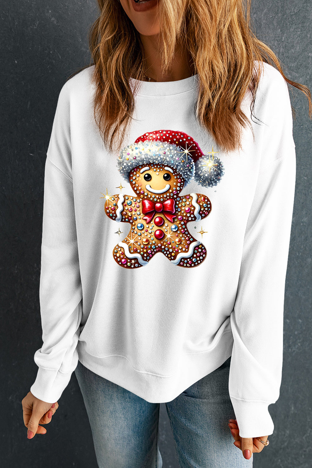 Santa Hat Bear Pattern Crew Neck Pullover Sweatshirt