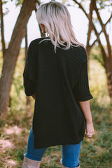 Black Ribbed Open Front Knit Cardigan