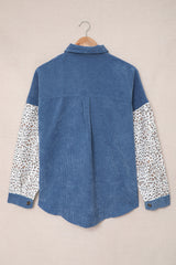 Blue Leopard Patchwork Corduroy Buttoned Shirt Jacket