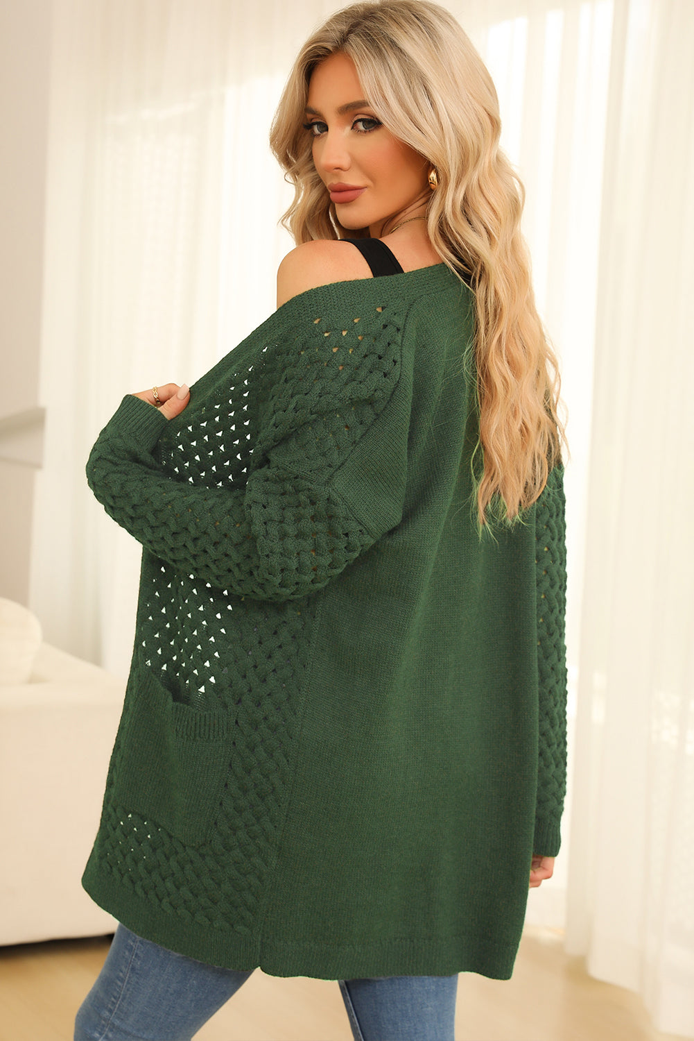 Green Open Front Woven Texture Knitted Cardigan with Pockets