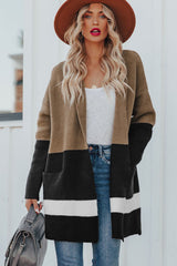 Brown Gingerbread Latte Colorblock Pocketed Cardigan